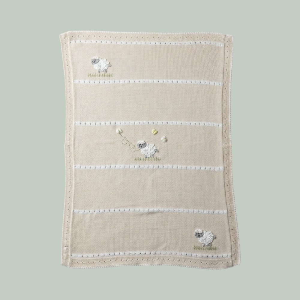 Melange Collection Handmade Knit Baby Blanket Sheep Embroidery Beige Cream 35x26